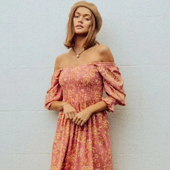 PAPER HEART Caitlyn Pink Floral Long Sleeve Midi Dress NWT - Picture 5 of 16